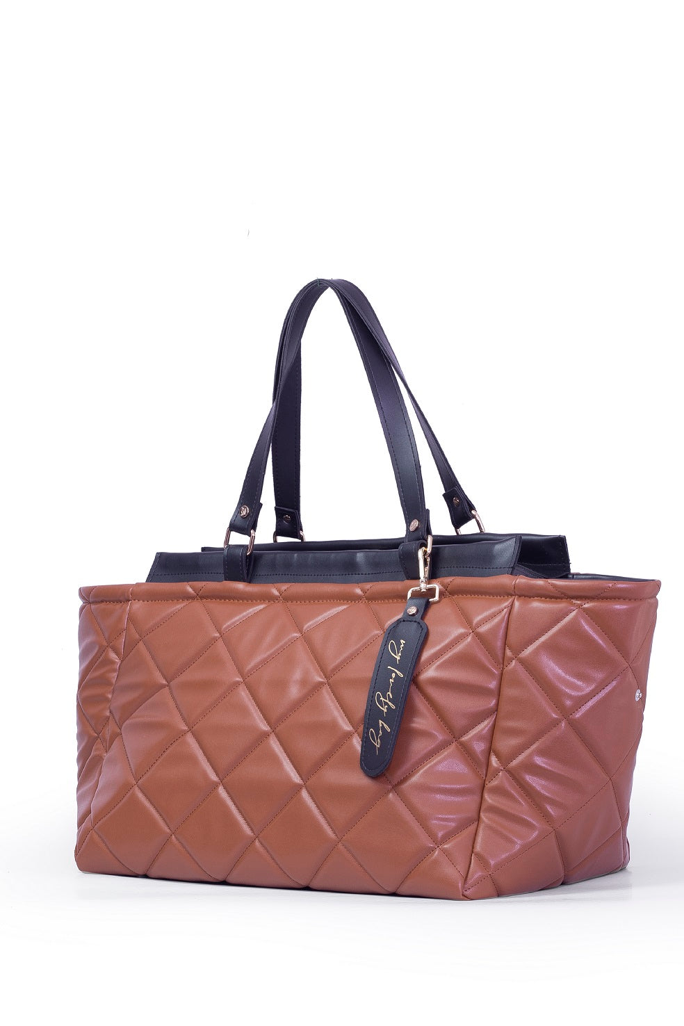 Luxury large handbag for weekend and trip - BAG - LOLA - CAMEL BLACK GOLD