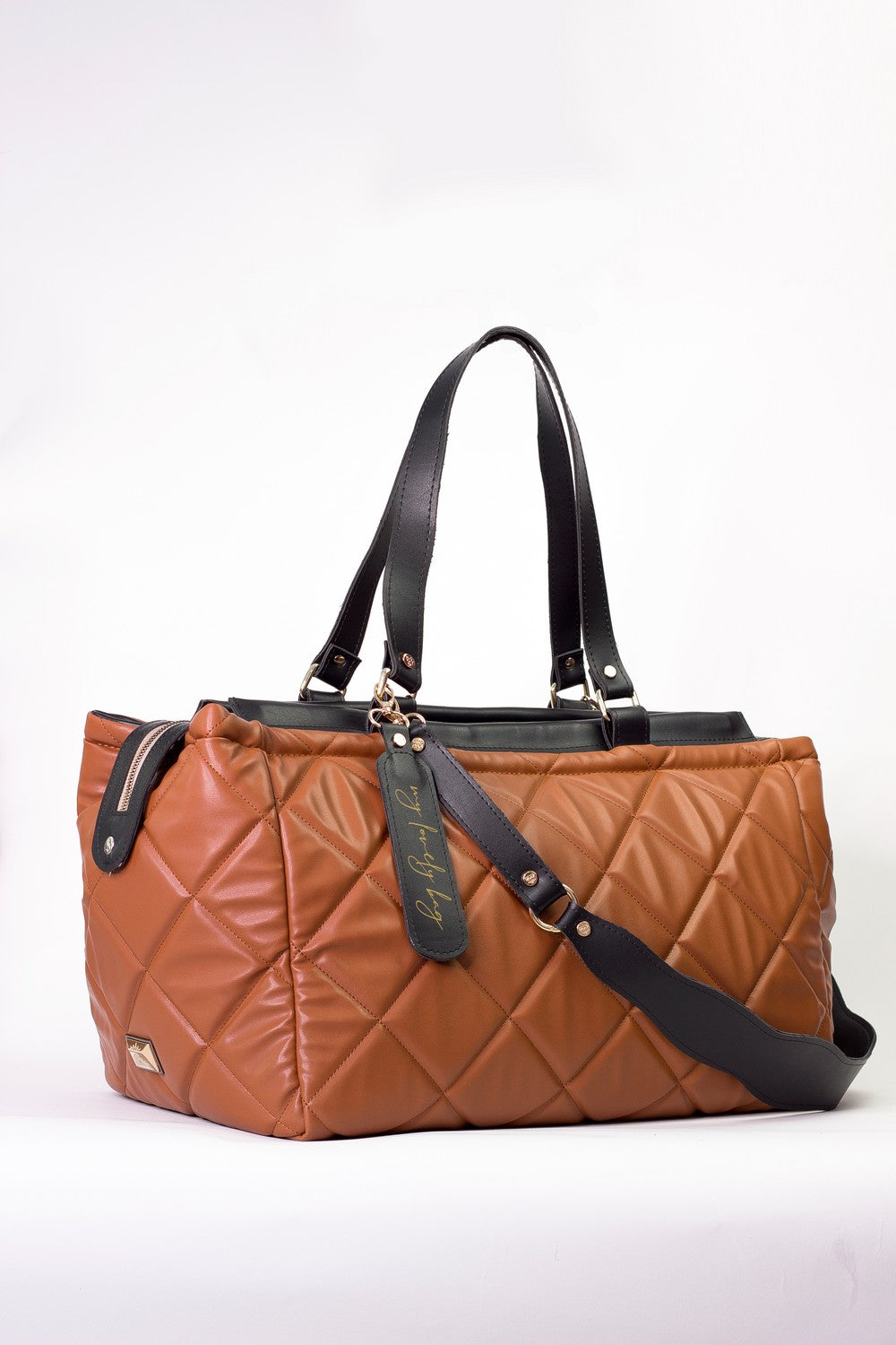 Luxury large handbag for weekend and trip - BAG - LOLA - CAMEL BLACK GOLD