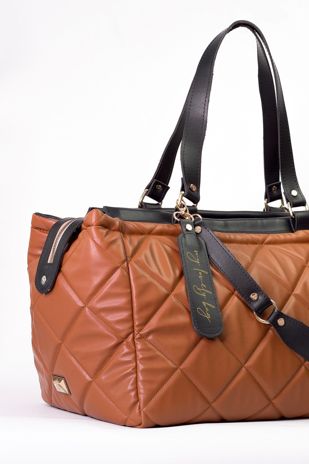 Luxury large handbag for weekend and trip - BAG - LOLA - CAMEL BLACK GOLD
